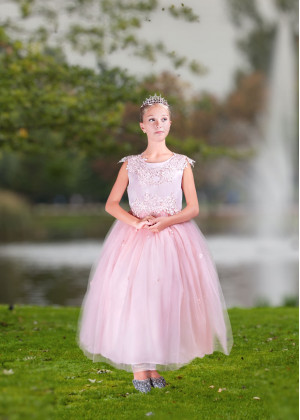 Pink Lace Tulle V Back Ankle Length Flower Girl Dress